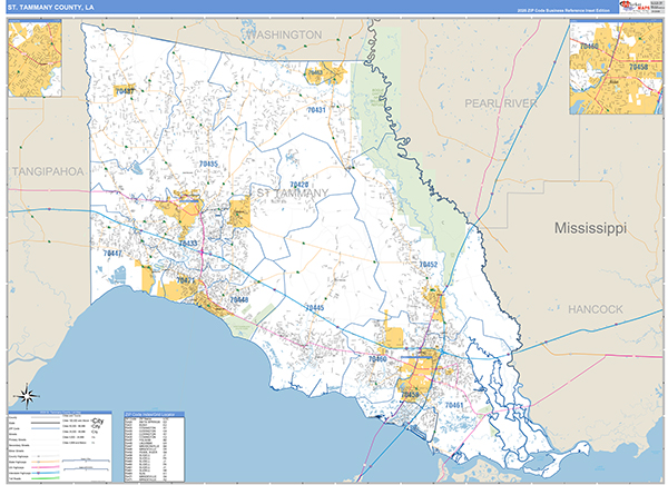 St. Tammany Parish (County), LA Wall Map Basic Style